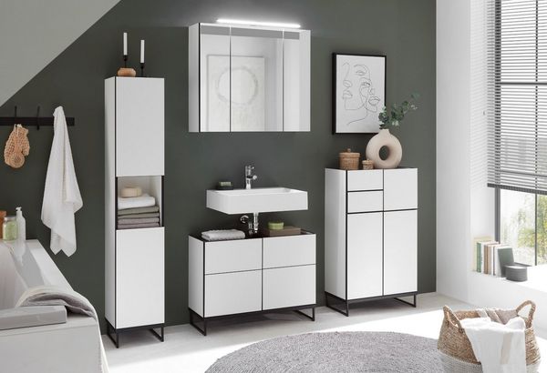 moebel-dich-auf Badmöbel-Set VENEZIA, (Set 1, 4-St, Hochschrank, Spiegelschrank, Waschbeckenunterschrank, Highboard), weiß matt, Absetzung: schwarz