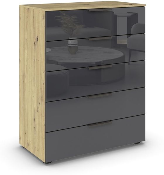 Rauch Möbel Flipp, Kommode für Schlafzimmer, Kinderzimmer, Wohnzimmer, Jugendzimmer, Flur, Garderobe, 5 Schubladen, mit Softclose Funktion, Farbe Eiche Artisan, Holz/Glas basalt, Schwarz, Breite 80 cm