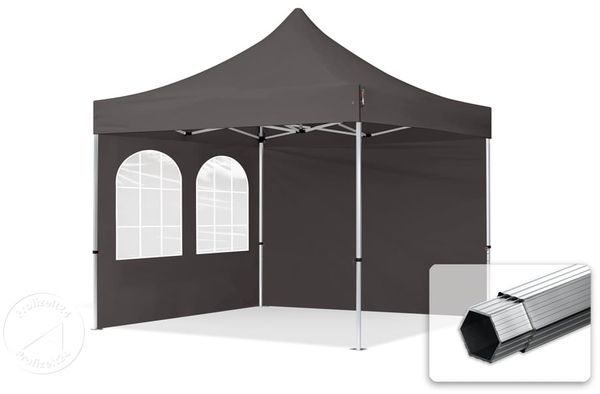 3x3 m Faltpavillon PROFESSIONAL Alu 40mm, Seitenteile mit Sprossenfenstern, dunkelgrau