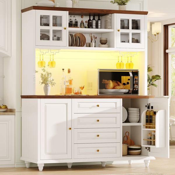 Merax Highboard Küchenschrank mit RGB-LED-Beleuchtung, verstellbaren Böden, Metall-Weinglashalter, MDF-Korpus, Gummibaumholz-Füße, Weiß