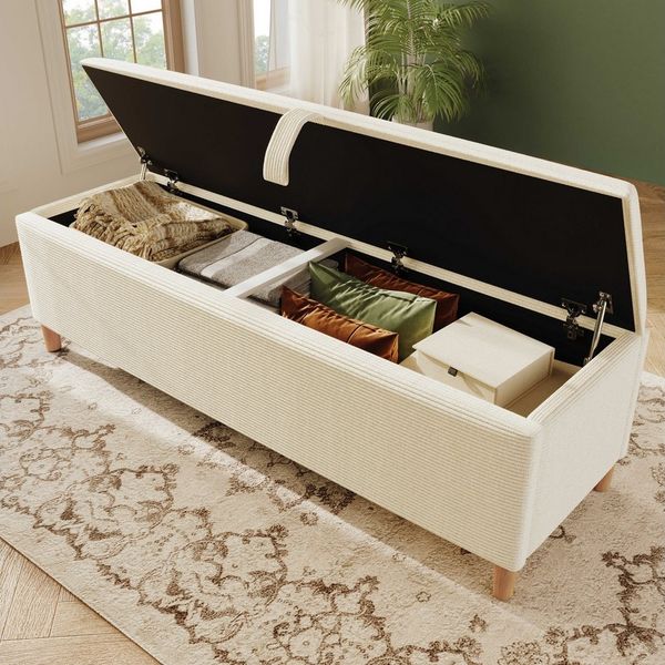 BlingBin Bettbank (1-St, 165x38 cm mit hydraulischem Stauraum – Cordstoff, Massivholz & MDF), Beige, 200 kg Tragkraft, Modernes Design für Schlafzimmer