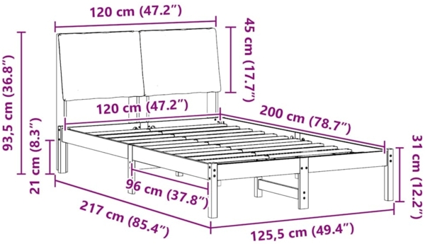 vidaXL Bettgestell Braun und Dunkelgrau 120 x 200 cm Massivholz Kiefer 878750 Bild 10