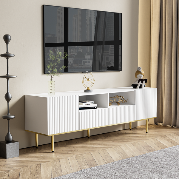 TV-Lowboard aus Spanplatte mit goldfarbenen Füßen, 165x36x55 cm, Weiß