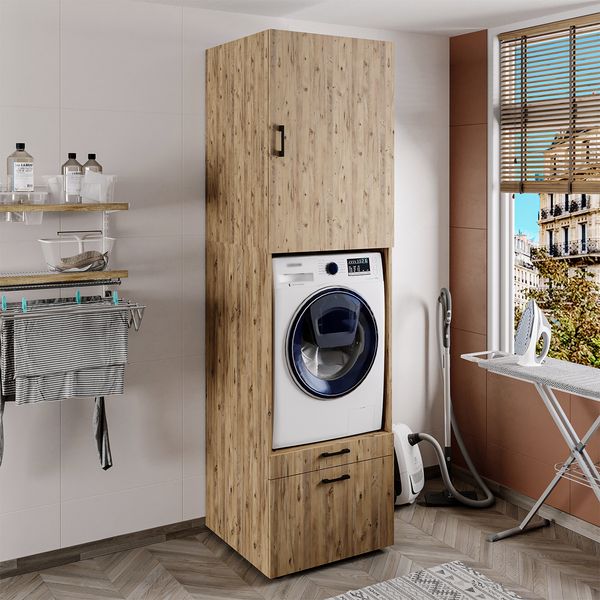 Roomart Waschmaschinenschrank mit Schrankaufsatz & Ausziehbrett – SERIE 2 - 67 cm breit, Waschturm für Waschküche & Hauswirtschaftsraum • Eiche