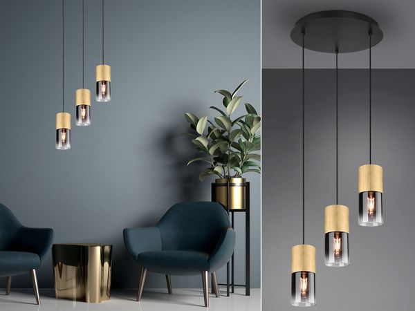 LED Pendelleuchte 3 flammig Messing matt mit Rauchglas Lampenschirm, Ø 37cm