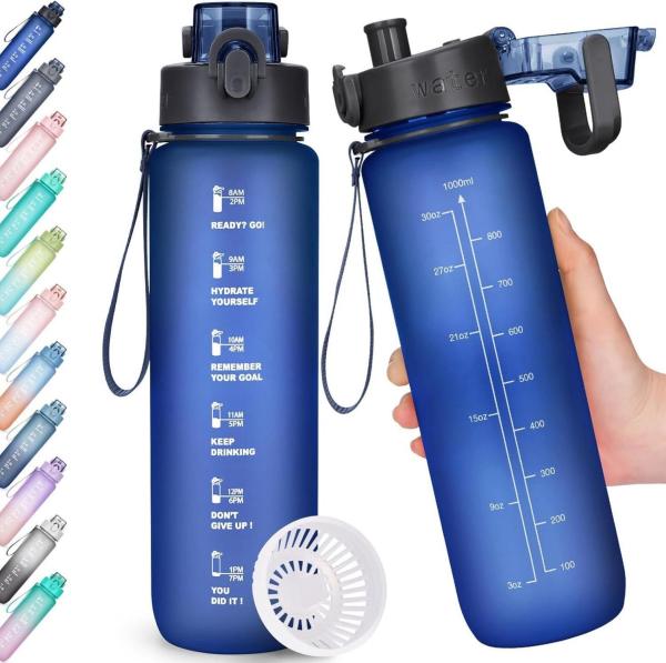 AOHAN Sport Trinkflasche 1l BPA-frei mit Zeitmarkierung Dunkelblau