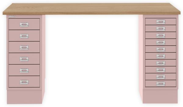 MultiDesk, 1 MultiDrawer mit 10 Schüben, 1 MultiDrawer mit 6 Schüben, Dekor natürliche Eiche, Farbe Pastellpink, Maße: H 740 x B 1400 x T 600 mm