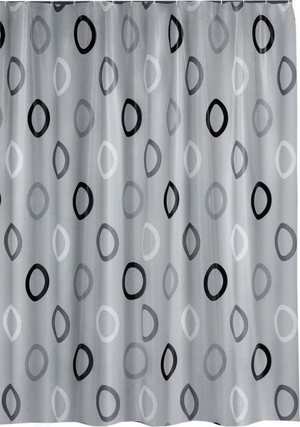 Ekershop Duschvorhang Textil Grau mit Weiß Schwarz Kreisen für Duschstange Breite 180 cm (inkl. Ringe), Höhe 200 cm, wasserabweisend, waschbar, bügelbar