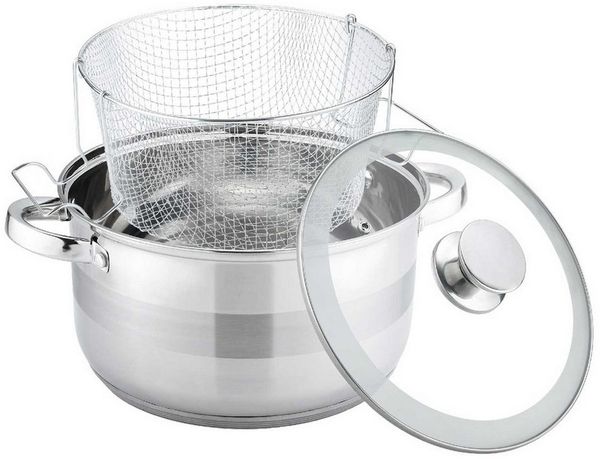 Frittiertopf 6,5 L Edelstahl Glasdeckel Induktion Friteuse Pommestopf Fritöse