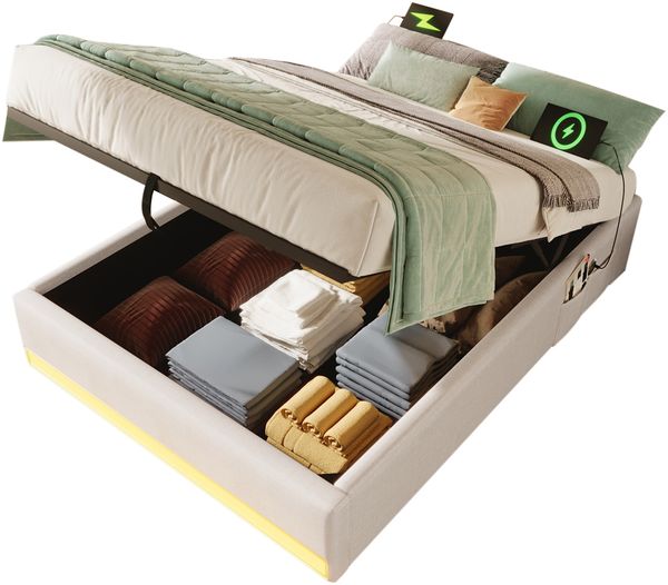 Polsterbett 90x200 mit LED, USB & Typ-C, hydraulischem Stauraum, Leinenbezug, seitliche Taschen,Beige Bild 8