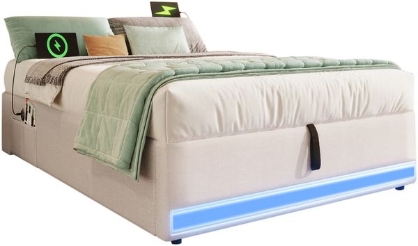 Polsterbett 90x200 mit LED, USB & Typ-C, hydraulischem Stauraum, Leinenbezug, seitliche Taschen,Beige Bild 7