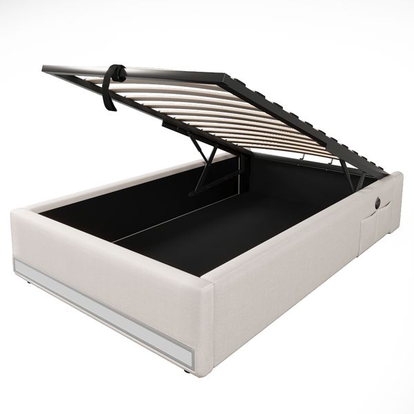 Polsterbett 90x200 mit LED, USB & Typ-C, hydraulischem Stauraum, Leinenbezug, seitliche Taschen,Beige Bild 9