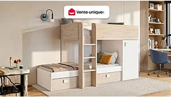 Vente-unique - RICARDO Bett Holz, Platte BeigeWeiß - B 111 cm x H 150 cm x L 255 cm