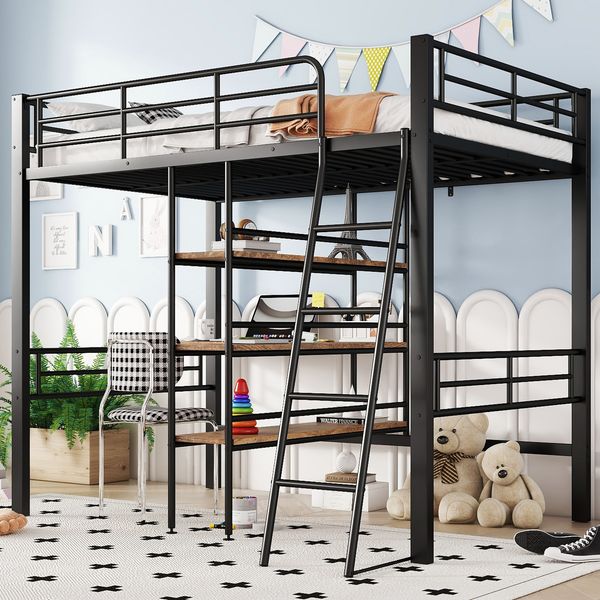 Hochbett 90×200 cm mit Rausfallschutz, Schreibtisch und Regalen, Schwarz, ohne Matratze