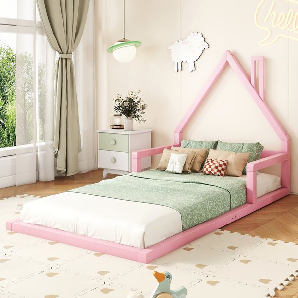 Kinderbett 90x200 cm in Hausform, Rosa,stabiles Flachbett mit 7 Lattenrosten, modernes Hausbett,leicht zu montieren und pflegeleicht