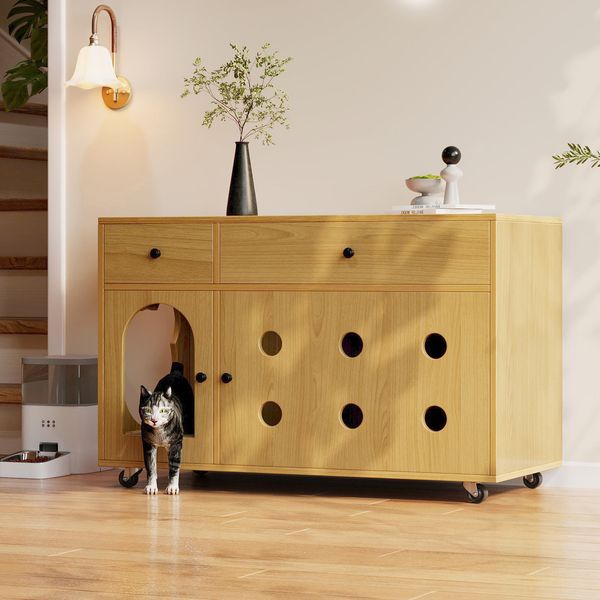 Katzentoilettenschrank B 100 x T 45 x H 66 cm aus MDF mit 2 Schubladen und abnehmbarer Sandfangplatte