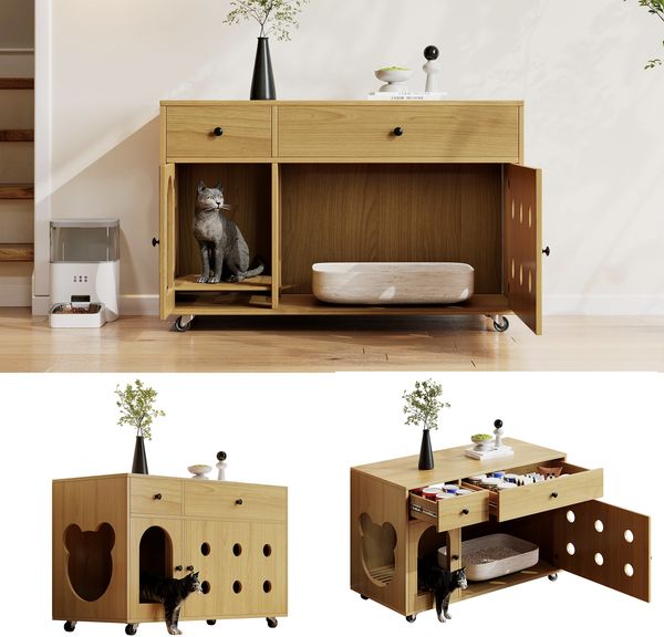 Katzentoilettenschrank B 100 x T 45 x H 66 cm aus MDF mit 2 Schubladen und abnehmbarer Sandfangplatte Bild 4