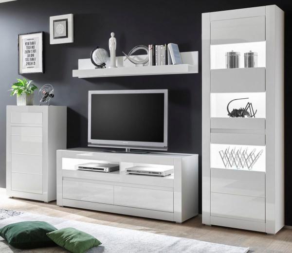 Wohnwand 4-tlg. Nobile in Hochglanz weiß / Stone Design grau 302 x 198 cm