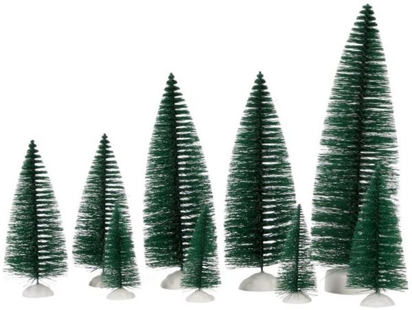 Montegoni Künstlicher Weihnachtsbaum Mini Weihnachtsbäume Set 9 Stück, Deko Tannenbäume mit Schnee, Mini Weihnachtsbäume Set 9 Stück, Wiederverwendbar, verschiedene Größen, Schneeeffekt, stabiler Holzfuß