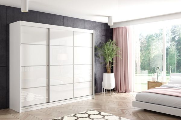 ALTDECOR Schiebetürenschrank VIVI 2 (Kleiderschrank Aluminium-Leisten, Lacobel, Schiebetürenschrank mit LED)