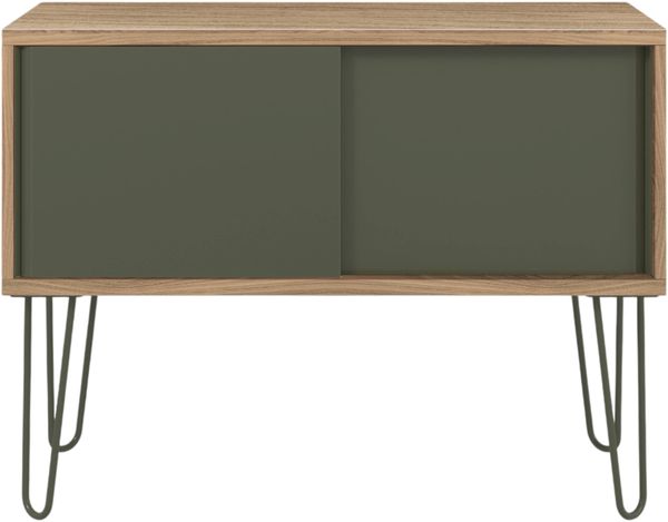 Bisley MultiRange Sideboard in Nussbaum-Olivgrün - Büroschrank mit Schiebetüren 100cm breit, Retro-Design Kommode aus Holz & Metall, Schrank für Ordner, Bücher & Büro-Material, MS1007H-NW-623