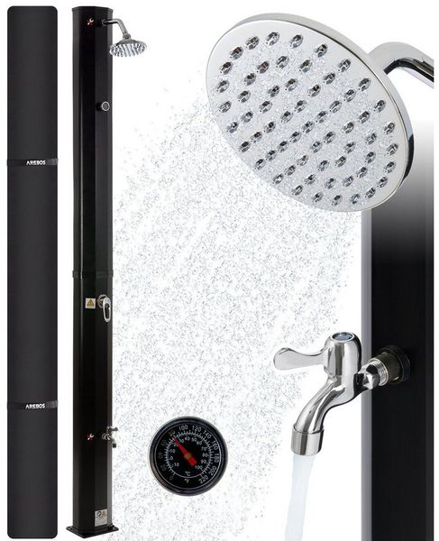 Arebos Solardusche 35 L Solar-Gartendusche mit, Thermometer & Fußdusche (Komplett-Set, Gold/Silber/Schwarz), inkl. Abdeckhaube