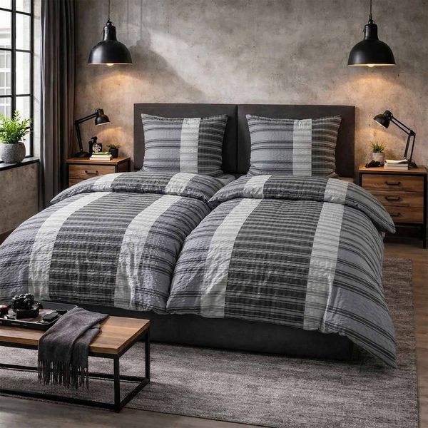 Casa Colori Bettwäsche Seersucker Garnitur 135x200 Reißverschluss Anthrazit Grau Gestreift, Seersucker, 4 teilig, leichte Bettgarnitur perfekt für den Sommer
