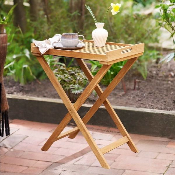 Klappbarer Teak Tablett-Tisch FLEX 70cm natural Beistelltisch Balkontisch Outdoor