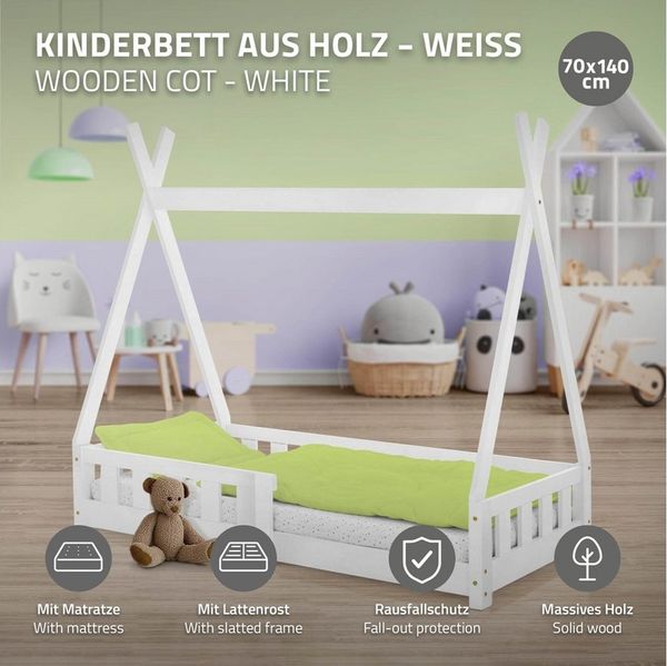 ML-DESIGN Spielbett Hausbett Tipi Zeltbett inkl. Lattenrost Bodenbett Kinder Himmelbett, Abenteuerbett mit Rausfallschutz Zelt Bett Kiefer Weiß Kinderhaus Bild 2