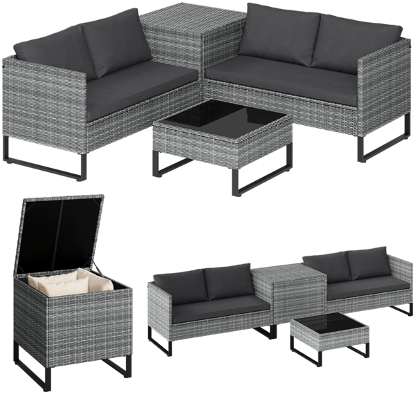STEELSØN 'Alniyat' Polyrattan Gartenlounge 4-tlg. mit Tisch und Aufbewahrungsbox, grau-meliert/anthrazit, wetterfest, Outdoor Sitzgruppe für 4 Personen
