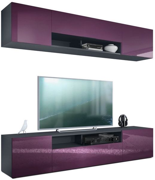 Wohnwand Mogan mit zwei 181 x 39 x 35 cm Elementen, hängende Wohnzimmer Anbauwand mit 12 Fächern, Korpus in Anthrazit matt, Fronten in Brombeer Hochglanz