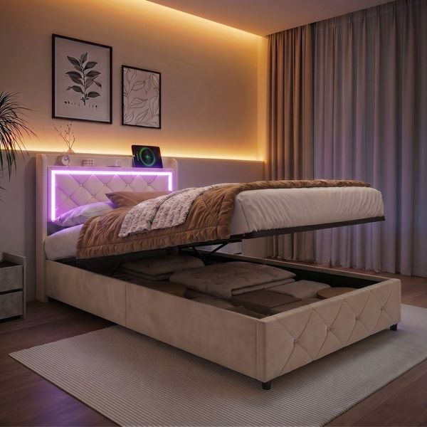 PXloue Polsterbett LED Doppelbett, Bettkasten, Ladefunktion, Samt, 90x200 cm