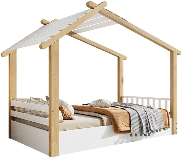 Hausbett, 90x200 cm, Kinderbett mit Lattenrost, Holzbett, Einzelbett, Kiefer