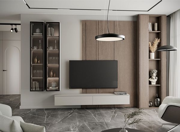 MOEBLINE Wohnwand Medienwand FIVO 3 kaschmir TV-Lowboard Hängevitrinen 3-St