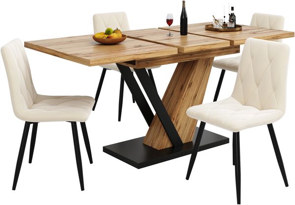 ausziehbarer Esstisch mit Holzmaserung MDF-Platte & Metallgestell, 120–160 cm Teleskop-Küchentisch mit Feststellschiene für Küche und Wohnzimmer
