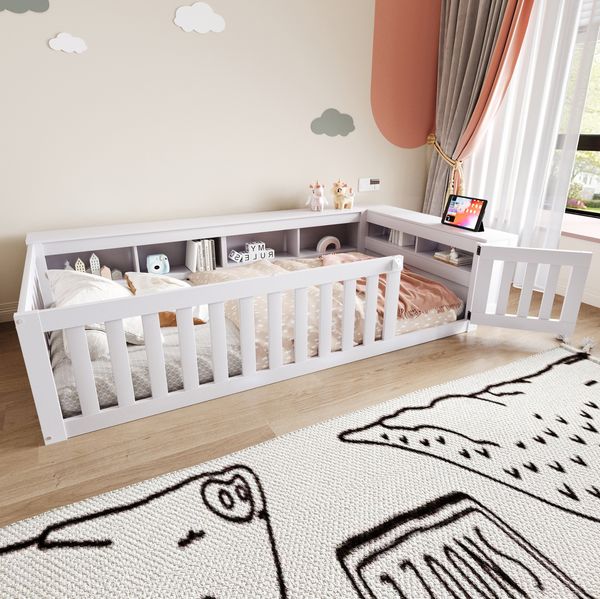 Kinderbett Weiß 90x200 Mit Stauraum Und Sicherheitstür Massivkiefer Bodenbett 120kg Tragkraft Montessori Sicherheitsgeländer