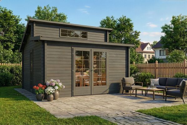 Alpholz Gartenhaus Lausitz Gartenhaus aus Holz in Grau Holzhaus mit 40 mm Wandstärke Blockbohlenhaus mit Montagematerial