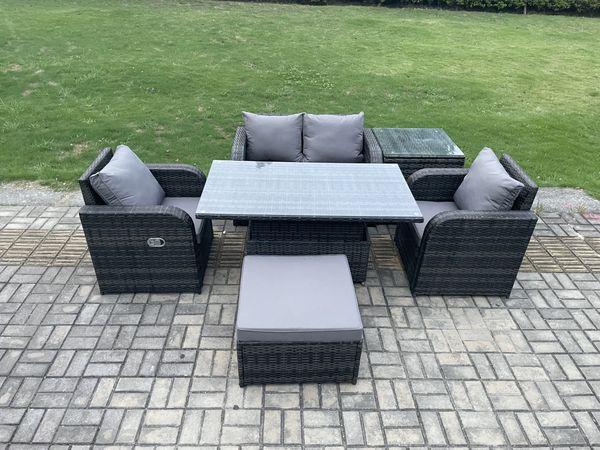 Fimous Polyrattan Gartenmöbel im Freien Set Höhenverstellbarer aufsteigender Esstisch Liebe Sofa mit Beistelltisch Stuhl Großer Fußhocker