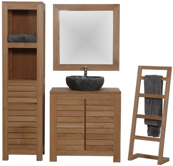 Badmöbel Set Bjurholm Teak Massivholz - Breite vom Unterschrank: 90 cm - Breite vom Spiegel: 150 cm - Anzahl Hochschränke: 2 Hochschränke - Handtuchhalter: ohne Handtuchhalter
