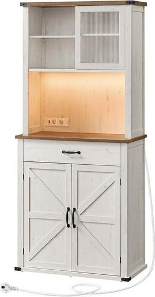 VASAGLE Sideboard mit Beleuchtung und Ladestation, Küchenschrank, Aufbewahrungsschrank, mit Türen und Schubladen, 39,5 x 80,4 x 180,6 cm, verstellbare Ablagen, Landhausstil, vintageweiß