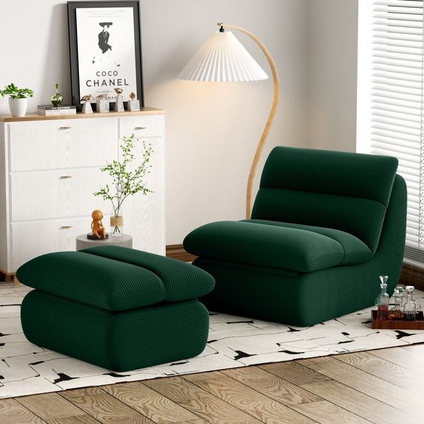 STILVORA Sitzsack Relaxsessel cord Lazy sofa Abnehmbares kleine sofa mit Fußstütze,grün (Lazy sofa Innensofa mit abnehmbarer Rückenlehne und Sitzkissen,Rahmenlose, hochelastische Schaumstoffpolsterung), für Schlafzimmer, Wohnzimmer, Büro