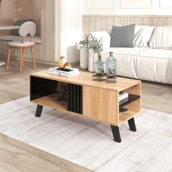 Merax 100 x 60 x 53 cm großer Couchtisch im Design aus farbigem Holz und Schwarz, Wohnzimmertisch mit Schubladen-Beistelltisch