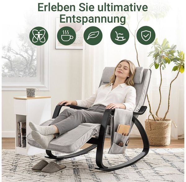 SoBuy Schaukelstuhl FST20, Gepolsterter Schaukelsessel für Wohnzimmer & Schlafzimmer, Schwingsessel Relaxsessel mit Tasche 5-Fach verstellbares Fussteil