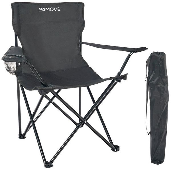 24Move Campingstuhl 24MOVE® Campingstuhl faltbar,Anglerstuhl,Liegestuhl mit Getränkehalter (bis max. 100 kg), mit Tragetasche, schwarz, Klappstuhl, bis 100kg belastbar