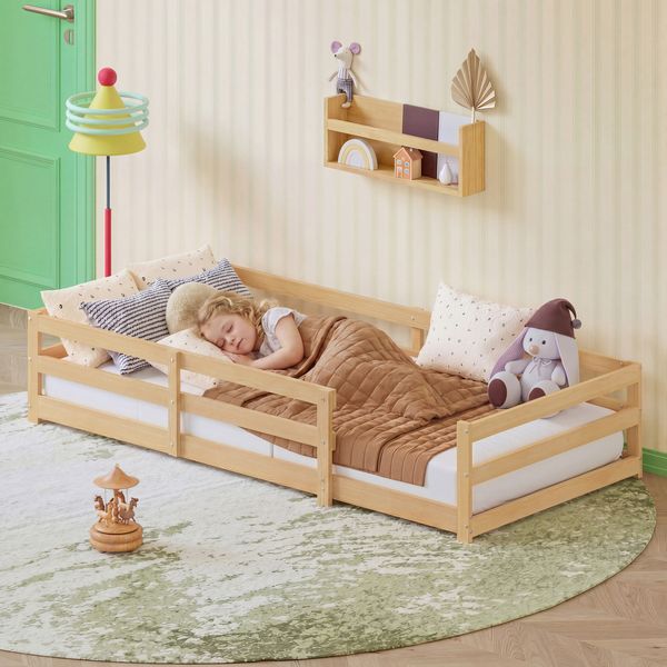 Montessori Bodenbett mit Sicherheitsumrandung – Ohne Lattenrost, flaches Kinderbett aus Kiefernholz, einfacher Aufbau (90x200 cm, natur)