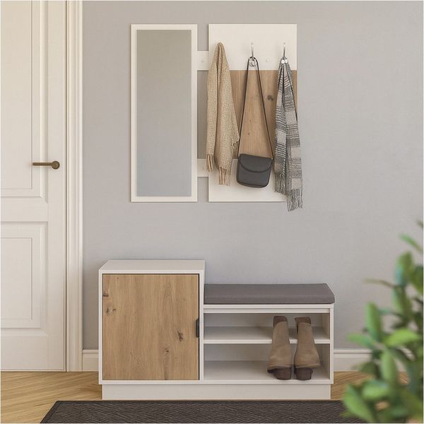 HTI-Living Garderobe Garderobenpaneel mit Spiegel und Schuhbank (Set, 2 St, 1 Garderobenpaneel mit Spiegel, 1 Schuhbank), Set Wandgarderobe und Schuhregal mit Sitzkissen