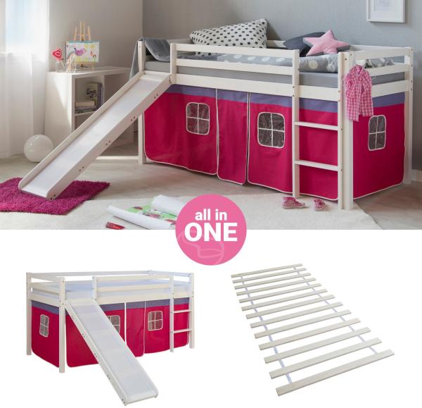 Hochbett mit Lattenrost 90x200 Rutsche Stockbett Kinderbett Holz Kiefer Vorhang pink Spielbett