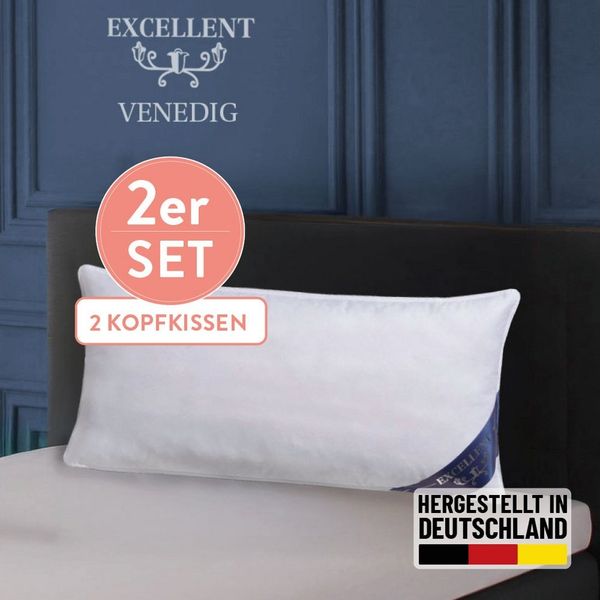 Excellent 3-Kammer-Kopfkissen Venedig, Kissen 1-tlg. oder 2-tlg. hergestellt in Deutschland!, Füllung: 90% Daunen (Außenkammer), Bezug: 100% Baumwolle, Kopfkissen in 40x80 und 80x80, Hohenstein Institute ausgezeichnet