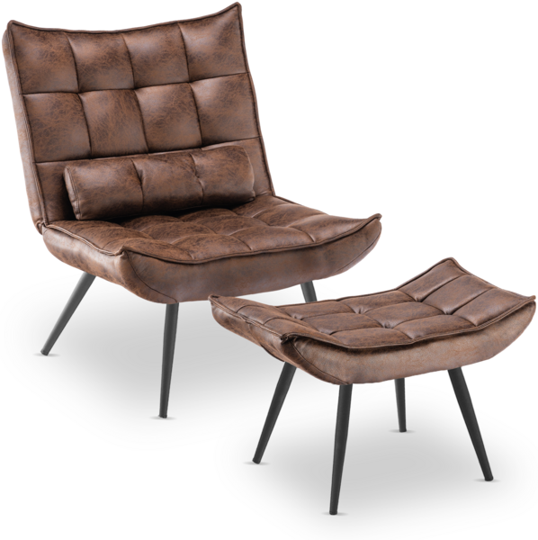 MCombo Sessel mit Hocker 4779BR, moderner Relaxsessel mit Taillenkissen für Wohnzimmer, Retro Vintage Lesesessel Loungesessel Stuhl Polstersessel, Mikrofaserstoff, Braun
