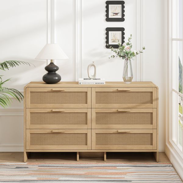 Bogenförmiger Ecken-Schrank mit 6 Rattan-Schubladen, natur, 130x40x74 cm